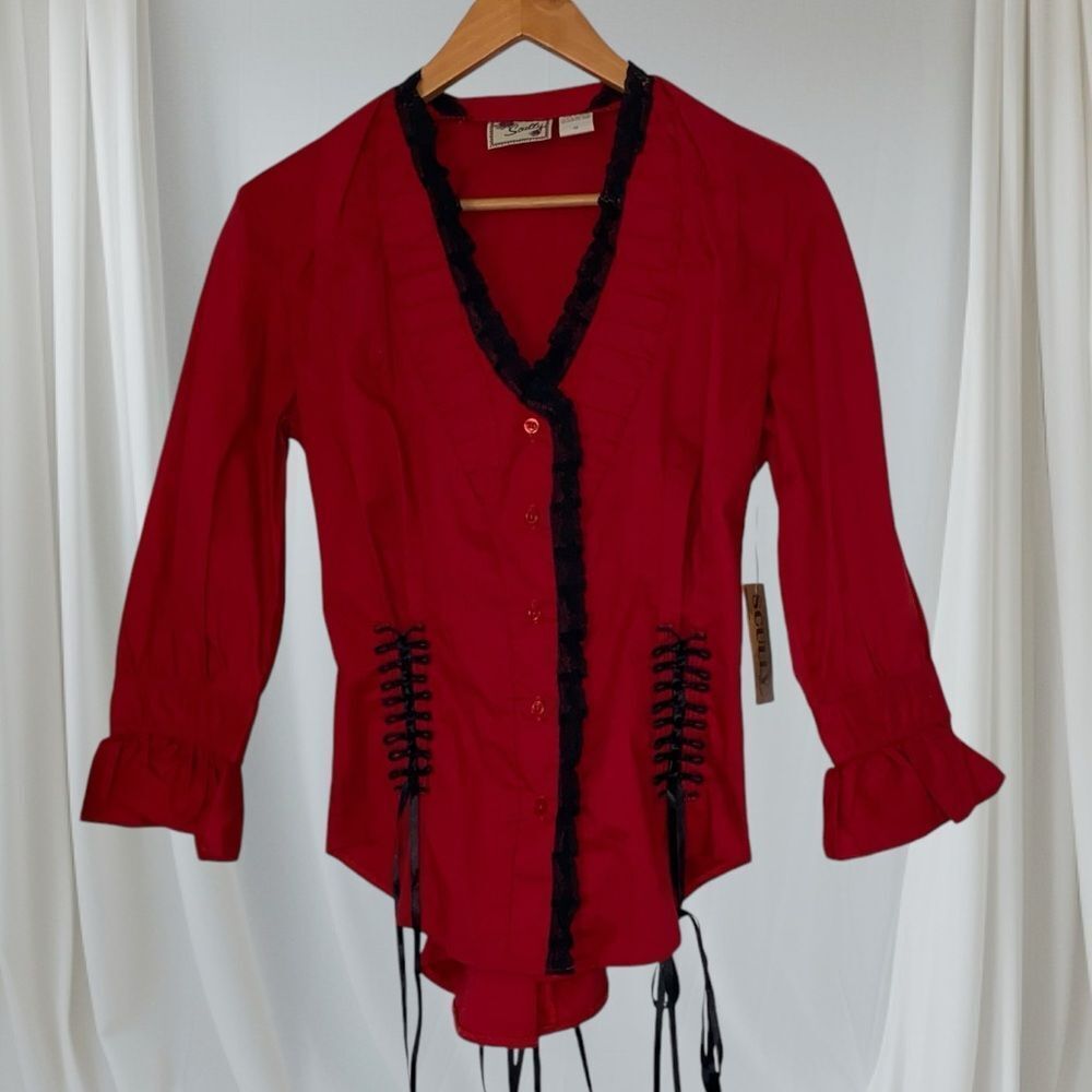 SCULLY Shirt Corset NWT Blouse Marion Ruffle Button Up Stretch Red Black Size M - Picture 11 of 14